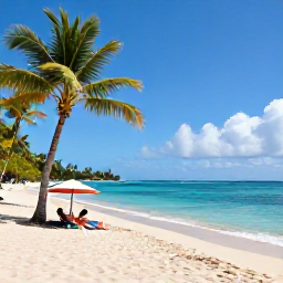 Caribbean Holidays, Martinique August, Sunny Martinique beach in August with turquoise water, soft sand, palm trees and a couple relaxing beneath a parasol