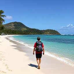 Caribbean Holidays, Martinique Backpacking, A backpacker with a small rucksack walking along a quiet tropical beach in Martinique, with turquoise water and green hills in the distance