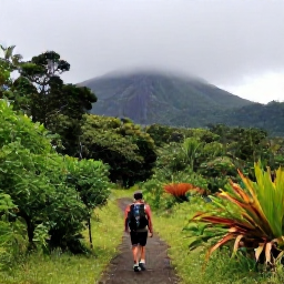 Caribbean Holidays, Martinique Backpacking, A hiker on a lush rainforest trail beneath Mount Pel&eacute;e in northern Martinique, with misty volcanic slopes and tropical vegetation