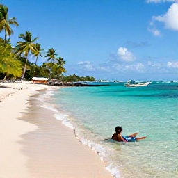 Caribbean Holidays, Martinique Backpacking, A relaxed traveller swimming in clear turquoise water beside a quiet sandy beach in southern Martinique, with palm trees and fishing boats nearby