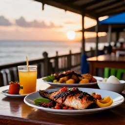 Caribbean Holidays, Martinique Backpacking, A small local restaurant in Martinique serving Creole food, grilled fish and colourful tropical dishes on an outdoor table at sunset