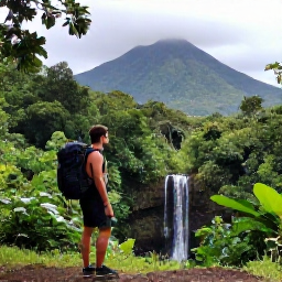 Caribbean Holidays, Martinique Backpacking, Backpacker beside a jungle waterfall in northern Martinique with Mount Pel&eacute;e in the background