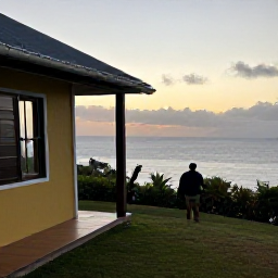 Caribbean Holidays, Martinique Backpacking, Backpacker enjoying a simple guesthouse terrace overlooking the Caribbean coast of Martinique at sunset