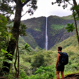Caribbean Holidays, Martinique Backpacking, Backpacker hiking through lush Martinique rainforest beneath towering trees, with a waterfall and volcanic mountain scenery