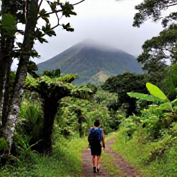 Caribbean Holidays, Martinique Backpacking, Backpacker hiking through lush rainforest towards Mount Pel&eacute;e in northern Martinique, with misty volcanic slopes