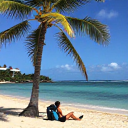 Caribbean Holidays, Martinique Backpacking, Backpacker relaxing on a palm-fringed beach near Les Anses-d'Arlet with clear Caribbean water