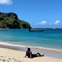 Caribbean Holidays, Martinique Backpacking, Backpacker relaxing on Anse Dufour beach in Martinique, with clear water, fishing boats and rocky green coastline