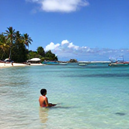 Caribbean Holidays, Martinique Backpacking, Backpacker swimming at Anse Dufour beach in Martinique, with clear water, palm trees and fishing boats