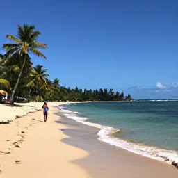 Caribbean Holidays, Martinique Backpacking, Backpacker swimming beside a quiet sandy beach near Sainte-Anne in Martinique, palm trees and clear water