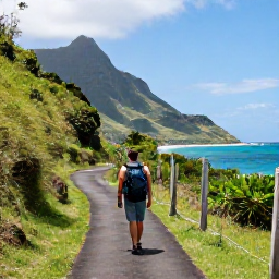 Caribbean Holidays, Martinique Backpacking, Backpacker walking along a quiet coastal trail in Martinique during June, with lush hills and turquoise sea