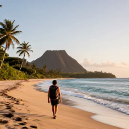 Caribbean Holidays, Martinique Backpacking, Backpacker walking along a quiet Martinique beach at sunrise, tropical coastline and volcanic hills in the distance