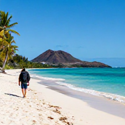 Caribbean Holidays, Martinique Backpacking, Backpacker walking along a quiet Martinique beach in November, with turquoise water, palm trees and volcanic hills in the distance