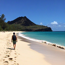 Caribbean Holidays, Martinique Backpacking, Backpacker walking along a quiet tropical beach in Martinique in August, with volcanic hills and turquoise sea