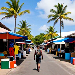 Caribbean Holidays, Martinique Backpacking, Backpacker walking through a colourful Martinique market in Fort-de-France, tropical Caribbean setting