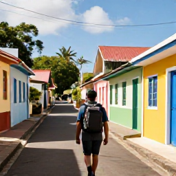 Caribbean Holidays, Martinique Backpacking, Backpacker with a rucksack walking through a colourful Martinique village in warm January sunshine