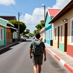 Caribbean Holidays, Martinique Backpacking, Backpacker with a small rucksack walking through a colourful Martinique street in warm July sunshine