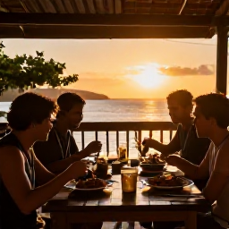 Caribbean Holidays, Martinique Backpacking, Backpackers eating Creole food at an open-air restaurant in Saint-Pierre, Martinique, at sunset
