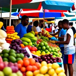 Caribbean Holidays, Martinique Backpacking, Busy Fort-de-France market with colourful fruit stalls, spices and local shoppers in daylight