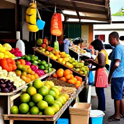 Caribbean Holidays, Martinique Backpacking, Colourful Fort-de-France market stalls filled with tropical fruit, spices and local produce, with shoppers browsing in warm Caribbean sunshine