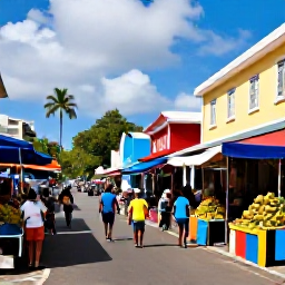 Caribbean Holidays, Martinique Backpacking, Colourful Fort-de-France street in Martinique with local market stalls, tropical fruit and backpackers exploring