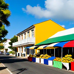 Caribbean Holidays, Martinique Backpacking, Colourful Fort-de-France street with local market stalls, tropical fruit and Caribbean architecture
