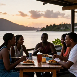 Caribbean Holidays, Martinique Backpacking, Friendly backpackers sharing a Creole meal at a small open-air restaurant in Martinique at sunset
