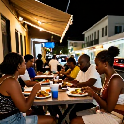Caribbean Holidays, Martinique Backpacking, Friendly evening street scene in Martinique with travellers eating Creole food at a small outdoor restaurant