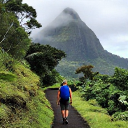 Caribbean Holidays, Martinique Backpacking, Hiker following a green rainforest trail beneath Mount Pel&eacute;e with misty mountain scenery in Martinique
