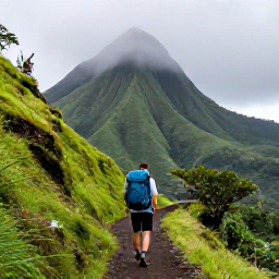 Caribbean Holidays, Martinique Backpacking, Hiker on a rainforest path beneath Mount Pel&eacute;e in northern Martinique, dramatic green slopes and mist