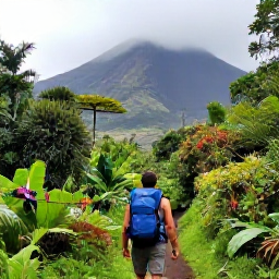 Caribbean Holidays, Martinique Backpacking, Hiker on a rainforest trail near Mount Pel&eacute;e in Martinique, with lush vegetation, misty volcanic slopes and tropical birds