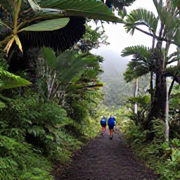 Caribbean Holidays, Martinique Backpacking, Lush tropical hiking trail on Mount Pel&eacute;e in Martinique with hikers beneath misty green forest