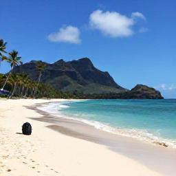 Caribbean Holidays, Martinique Backpacking, Palm-fringed Anse Couleuvre beach with volcanic mountains and a backpack near the shore