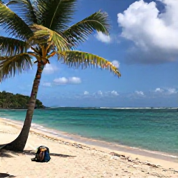 Caribbean Holidays, Martinique Backpacking, Quiet Martinique beach with turquoise water, palm trees and a backpack resting near the shore
