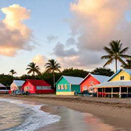 Caribbean Holidays, Martinique Beach Holidays, A coastal Martinique village at sunset with a beach, colourful houses, a small restaurant and palm trees