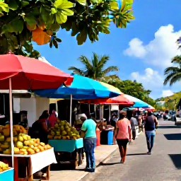 Caribbean Holidays, Martinique Beach Holidays, A colourful Martinique market beside a sunny town street, tropical fruit, spices and Creole food stalls with shoppers browsing