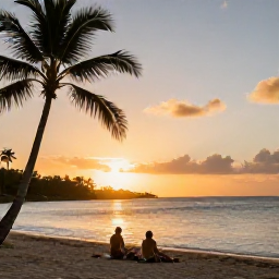 Caribbean Holidays, Martinique Beach Holidays, A couple relaxing on a peaceful Martinique beach at sunset in September, warm golden light, calm sea and palm silhouettes