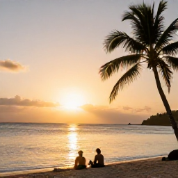 Caribbean Holidays, Martinique Beach Holidays, A couple relaxing on a quiet Martinique beach at sunset, with calm sea, warm golden light and palm silhouettes