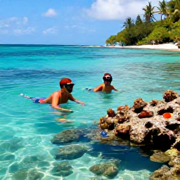 Caribbean Holidays, Martinique Beach Holidays, A couple snorkelling in clear turquoise water beside a Martinique reef, colourful tropical fish and a sandy beach visible in the background