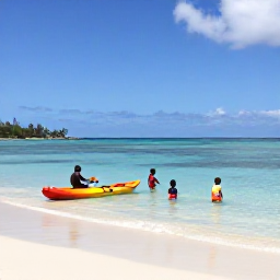 Caribbean Holidays, Martinique Beach Holidays, A family enjoying calm shallow water at a sandy Martinique beach, with colourful kayaks and a relaxed Caribbean atmosphere