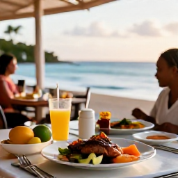 Caribbean Holidays, Martinique Beach Holidays, A friendly Martinique beach restaurant serving Creole food beside the sea, with fresh fruit, grilled fish and a relaxed September afternoon atmosphere