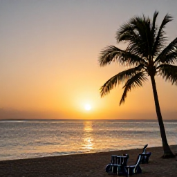 Caribbean Holidays, Martinique Beach Holidays, A peaceful Martinique beach at sunset with warm golden light, calm sea, palm silhouettes and a relaxed holiday atmosphere