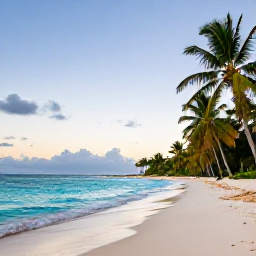 Caribbean Holidays, Martinique Beach Holidays, A quiet Martinique beach at sunrise in September, turquoise Caribbean water, pale sand, palm trees and a relaxed holiday atmosphere