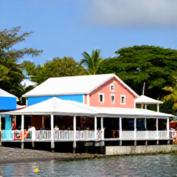 Caribbean Holidays, Martinique Beach Holidays, A relaxed Martinique seaside village with a waterfront restaurant, colourful buildings, tropical vegetation and people enjoying local food