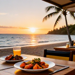 Caribbean Holidays, Martinique Beach Holidays, A relaxed seaside restaurant in Martinique serving fresh seafood and Creole dishes beside a sunset beach