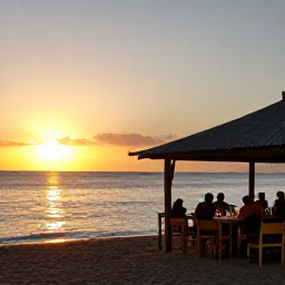 Caribbean Holidays, Martinique Beach Holidays, A relaxed sunset scene on a Martinique beach with golden light, calm sea and people dining at a simple waterfront restaurant