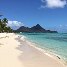 Caribbean Holidays, Martinique Beach Holidays, A wide tropical beach in Martinique with clear turquoise water, palm trees and volcanic mountains in the distance