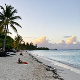 Caribbean Holidays, Martinique Beach Holidays, A wide white-sand beach in Martinique at sunrise, calm turquoise Caribbean water, palm trees and a few relaxed visitors