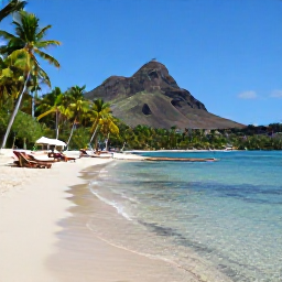 Caribbean Holidays, Martinique Beach Holidays, An inviting Martinique beach with calm clear water, sun loungers, volcanic hills and lush green scenery in the background