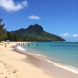 Caribbean Holidays, Martinique Beach Holidays, Anse Dufour beach in Martinique with clear blue water, golden sand, green hills and swimmers exploring the shoreline
