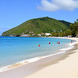 Caribbean Holidays, Martinique Beach Holidays, Anse Dufour beach in Martinique with clear blue water, soft pale sand, snorkellers and green hills behind the bay
